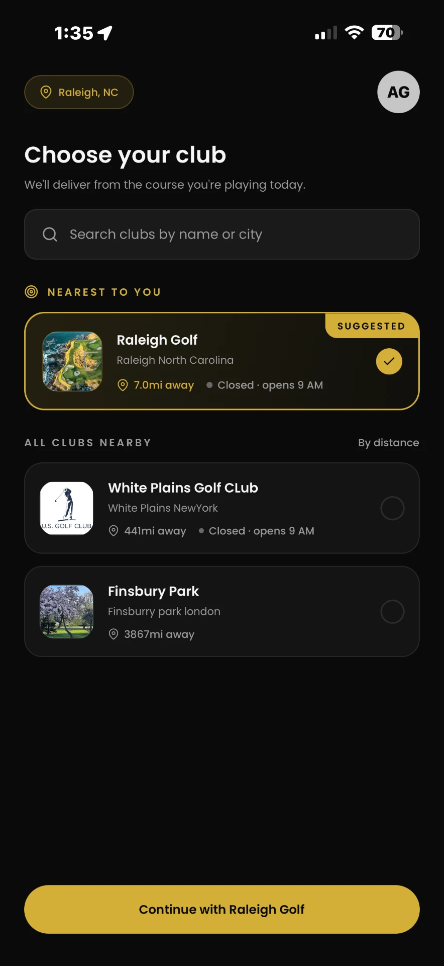 PARAGON app — Choose your club