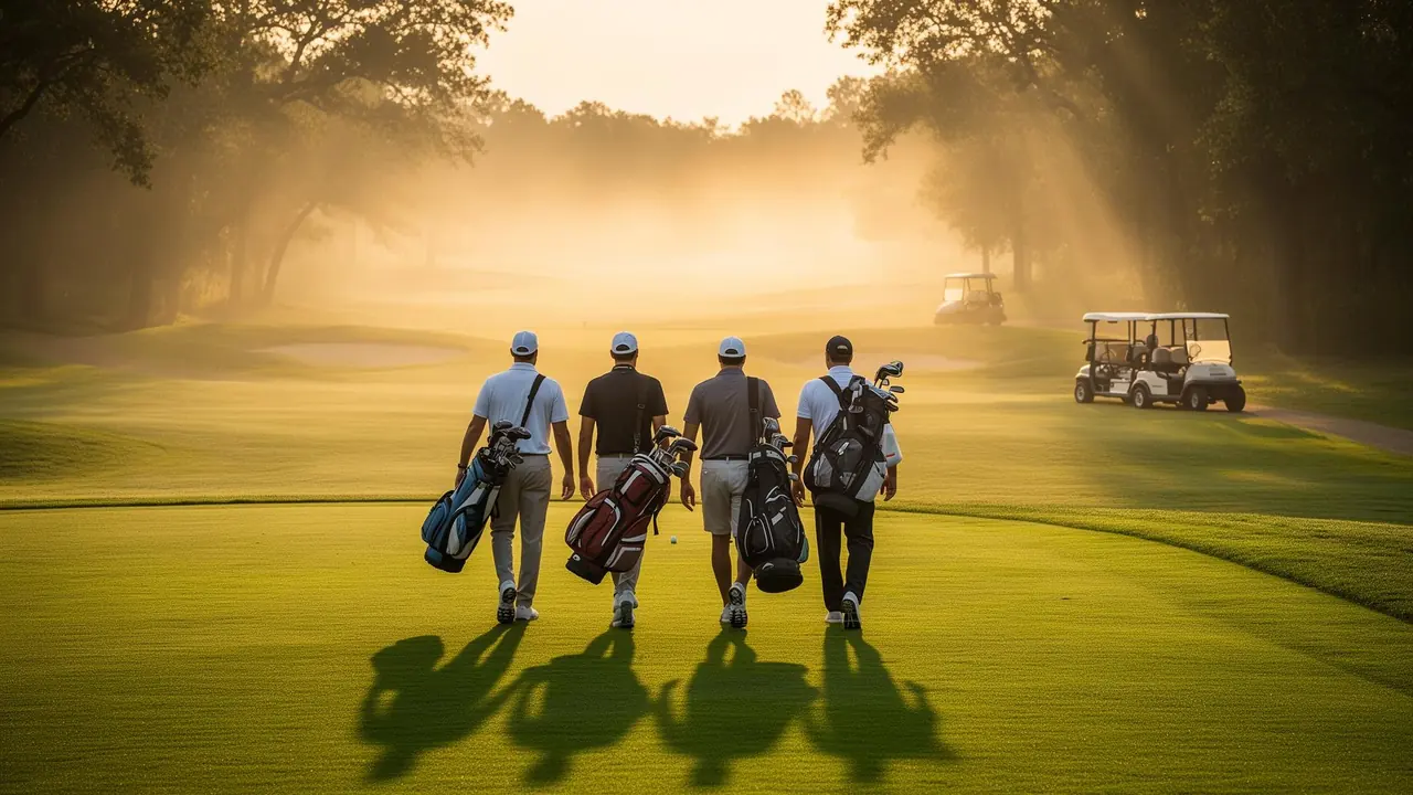Foursome of golfers walking down a misty fairway at sunrise with golf carts parked in the distance