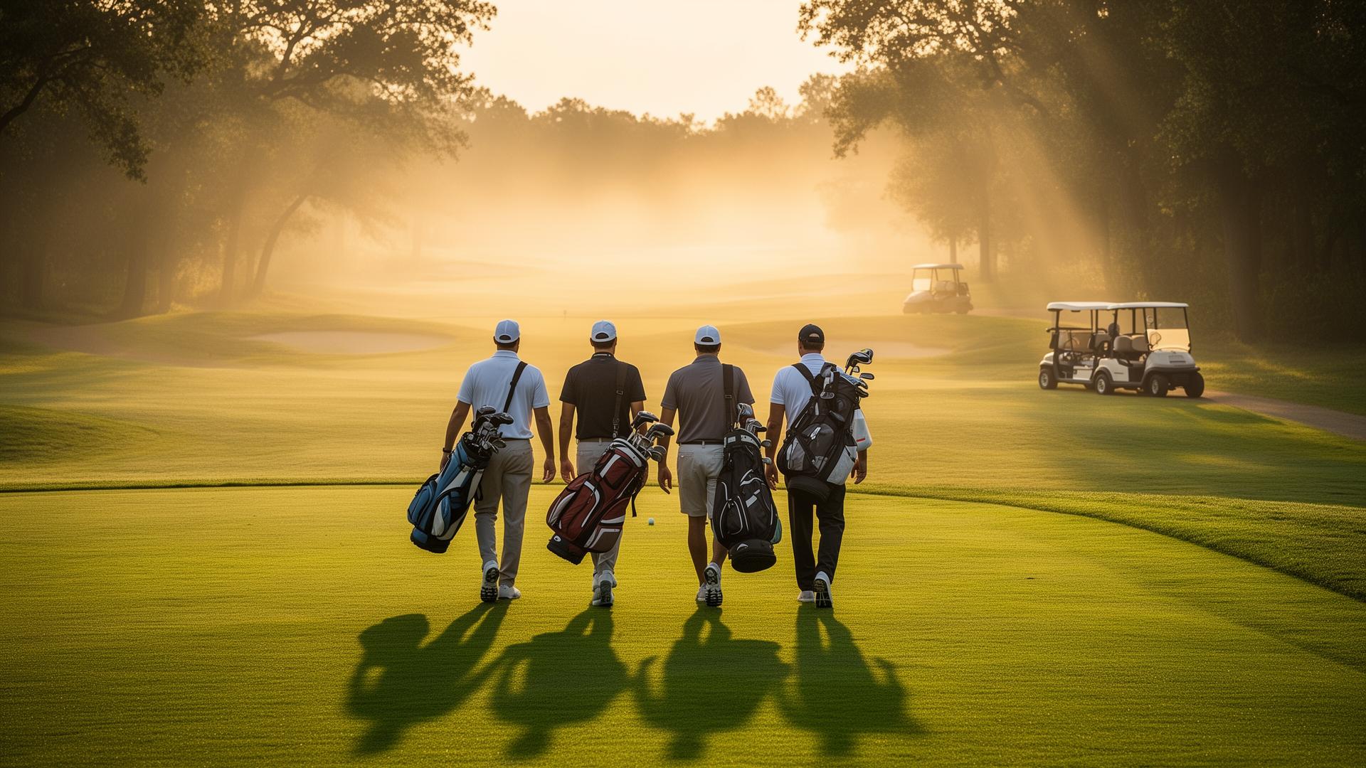 Foursome of golfers walking down a misty fairway at sunrise with golf carts parked in the distance