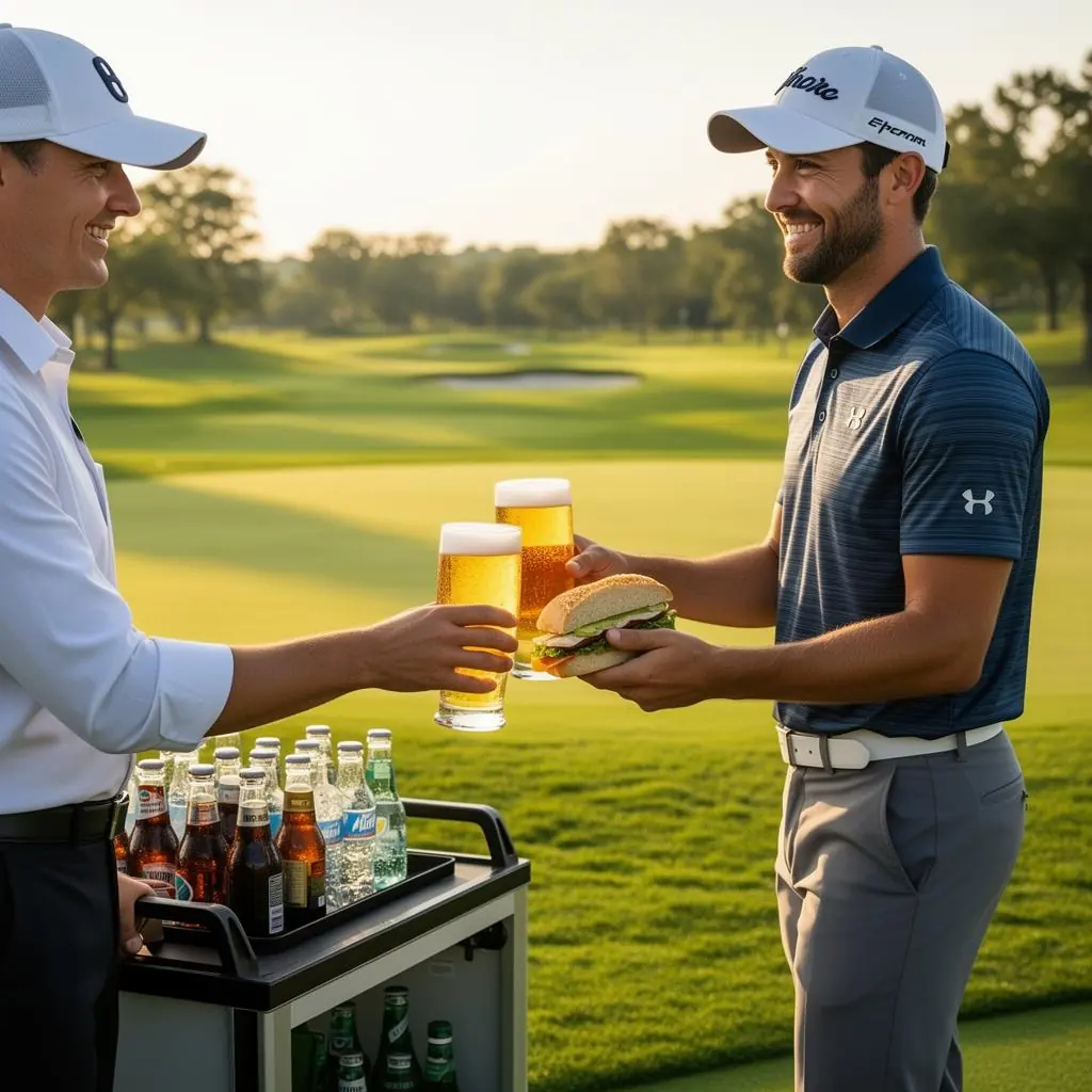 Cart attendant handing a beer and sandwich to a smiling golfer