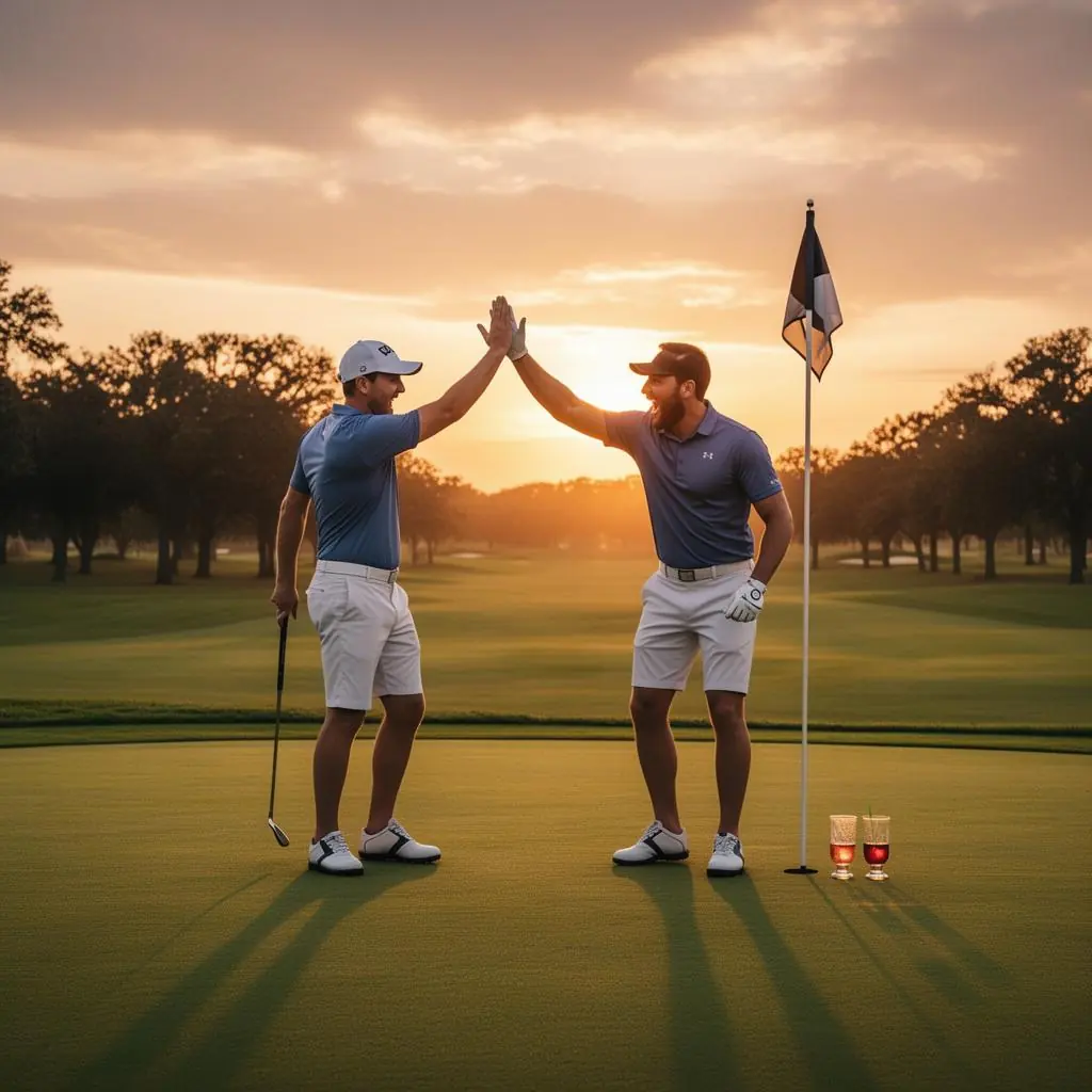 Two golfers high-fiving on a green at sunset with drinks beside the flagstick